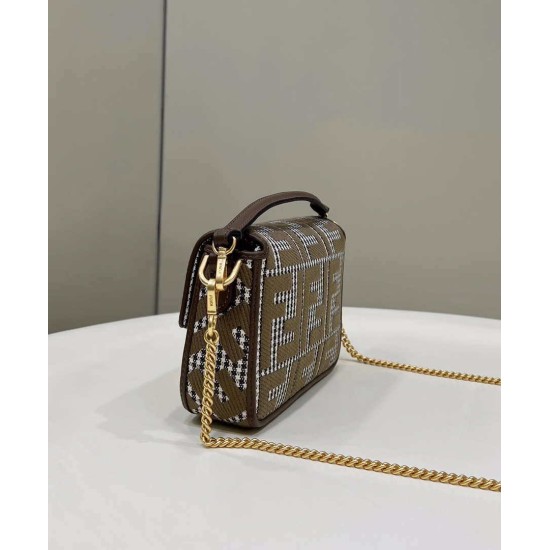 Replica Fendi 8BS017 Borsa Mini Baguette in lana pied de poule con ricamo FF Marrone