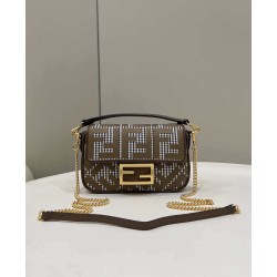 Replica Fendi 8BS017 Borsa Mini Baguette in lana pied de poule con ricamo FF Marrone