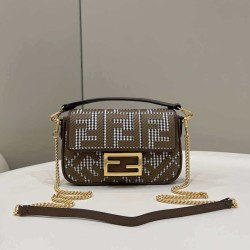 Replica Fendi 8BS017 Borsa Mini Baguette in lana pied de poule con ricamo FF Marrone