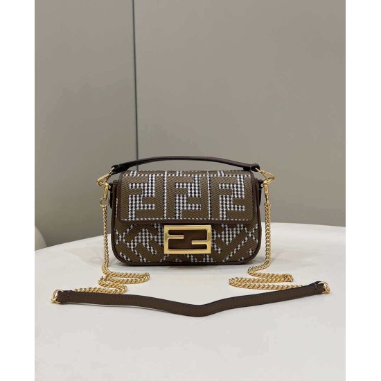 Replica Fendi 8BS017 Borsa Mini Baguette in lana pied de poule con ricamo FF Marrone