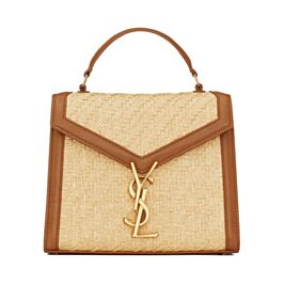 Replica Borsa YSL Saint Laurent Cassandra Mini Top Handle in rafia e pelle conciata al vegetale Caffè