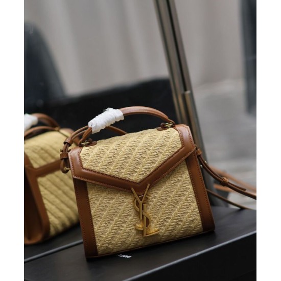 Replica Borsa YSL Saint Laurent Cassandra Mini Top Handle in rafia e pelle conciata al vegetale Caffè