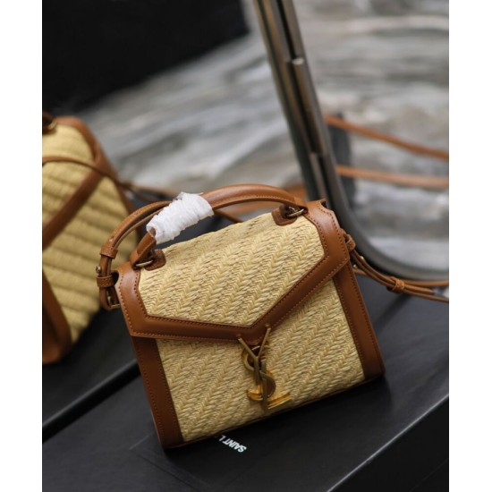 Replica Borsa YSL Saint Laurent Cassandra Mini Top Handle in rafia e pelle conciata al vegetale Caffè