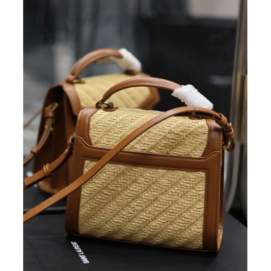 Replica Borsa YSL Saint Laurent Cassandra Mini Top Handle in rafia e pelle conciata al vegetale Caffè