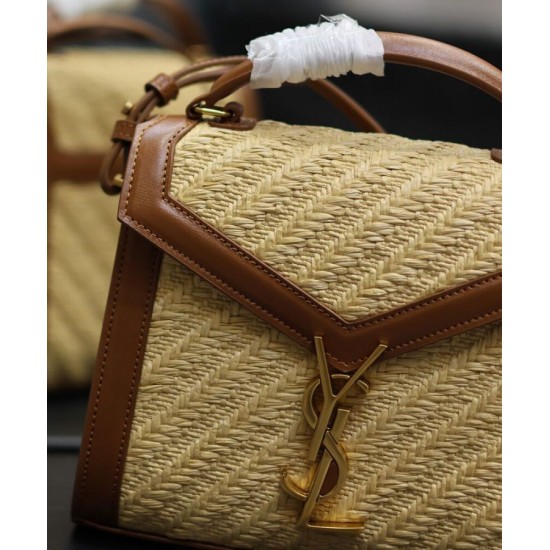 Replica Borsa YSL Saint Laurent Cassandra Mini Top Handle in rafia e pelle conciata al vegetale Caffè
