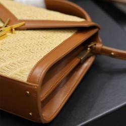 Replica Borsa YSL Saint Laurent Cassandra Mini Top Handle in rafia e pelle conciata al vegetale Caffè