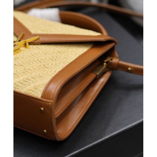 Replica Borsa YSL Saint Laurent Cassandra Mini Top Handle in rafia e pelle conciata al vegetale Caffè