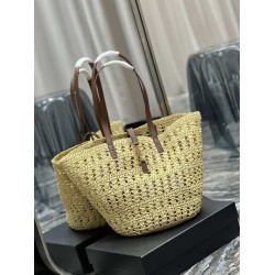 Replica Borsa maxi Panier YSL Saint Laurent in rafia color albicocca