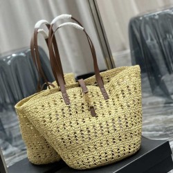 Replica Borsa maxi Panier YSL Saint Laurent in rafia color albicocca