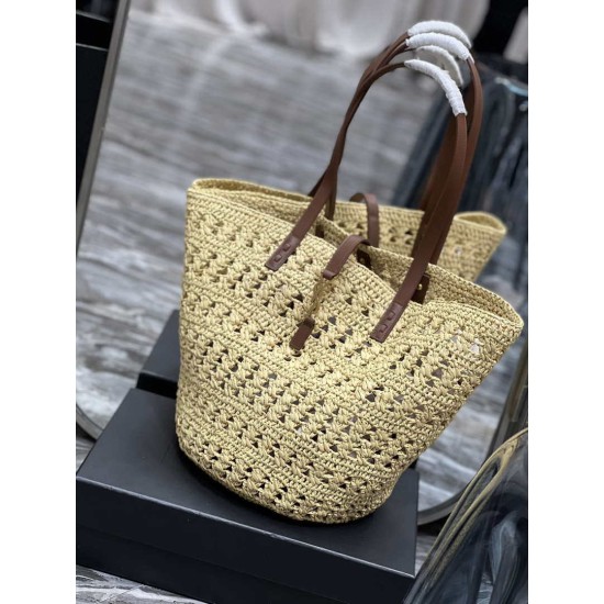 Replica Borsa maxi Panier YSL Saint Laurent in rafia color albicocca