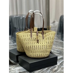 Replica Borsa maxi Panier YSL Saint Laurent in rafia color albicocca