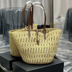 Replica Borsa maxi Panier YSL Saint Laurent in rafia color albicocca