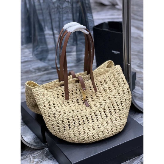 Replica Borsa maxi Panier YSL Saint Laurent in rafia color albicocca