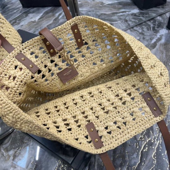 Replica Borsa maxi Panier YSL Saint Laurent in rafia color albicocca