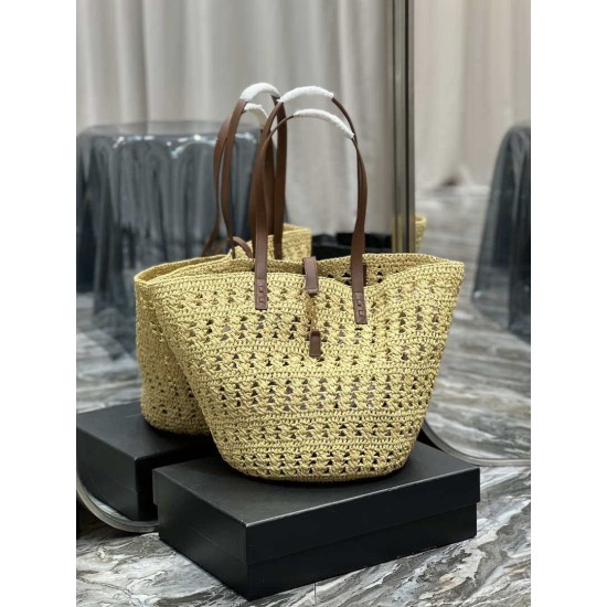 Replica Borsa maxi Panier YSL Saint Laurent in rafia color albicocca