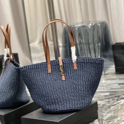 Replica Borsa maxi Panier YSL Saint Laurent in rafia blu navy