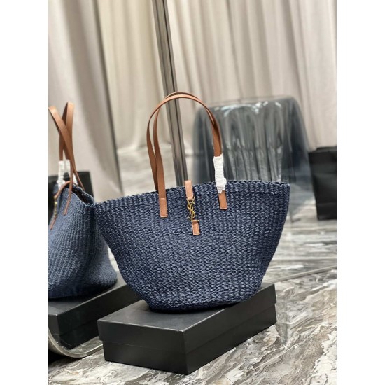Replica Borsa maxi Panier YSL Saint Laurent in rafia blu navy