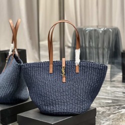 Replica Borsa maxi Panier YSL Saint Laurent in rafia blu navy