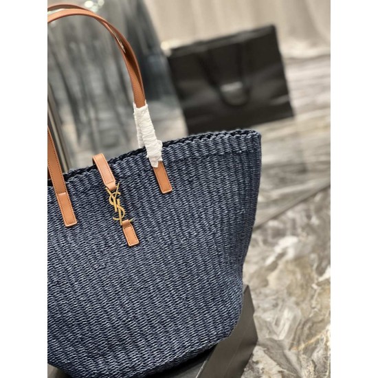 Replica Borsa maxi Panier YSL Saint Laurent in rafia blu navy