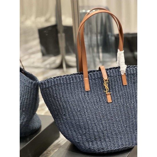 Replica Borsa maxi Panier YSL Saint Laurent in rafia blu navy