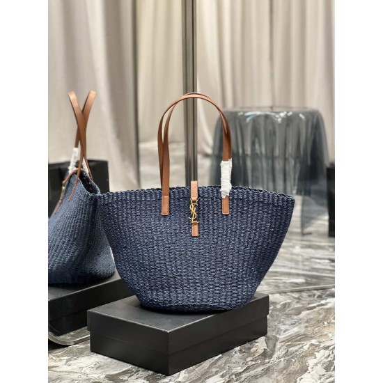 Replica Borsa maxi Panier YSL Saint Laurent in rafia blu navy