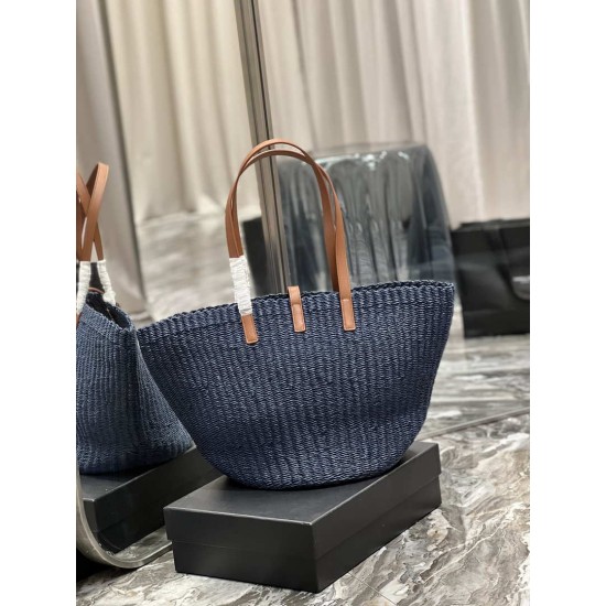 Replica Borsa maxi Panier YSL Saint Laurent in rafia blu navy