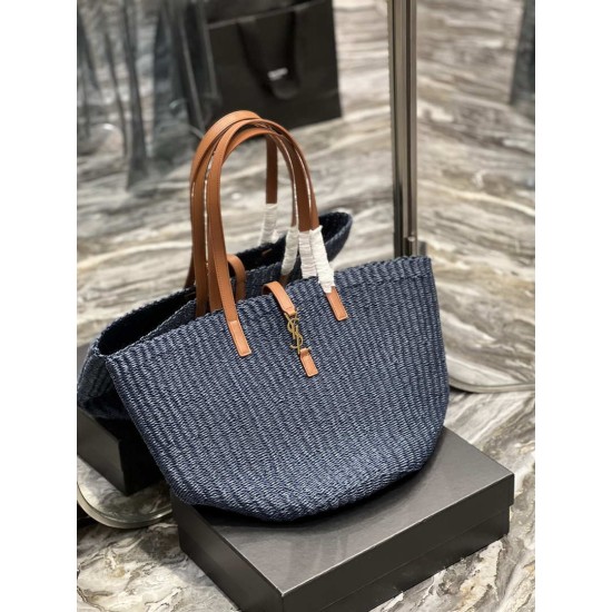 Replica Borsa maxi Panier YSL Saint Laurent in rafia blu navy