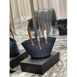 Replica Borsa media YSL Saint Laurent Panier in rafia blu navy