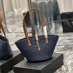 Replica Borsa media YSL Saint Laurent Panier in rafia blu navy