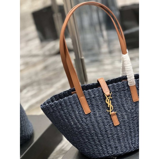 Replica Borsa media YSL Saint Laurent Panier in rafia blu navy