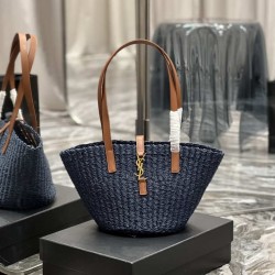 Replica Borsa media YSL Saint Laurent Panier in rafia blu navy