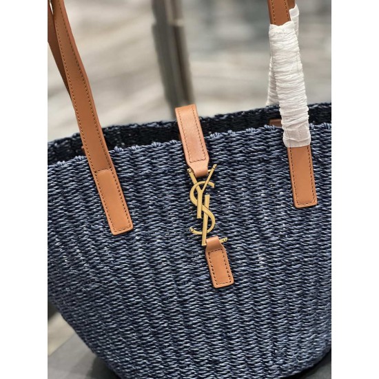 Replica Borsa media YSL Saint Laurent Panier in rafia blu navy