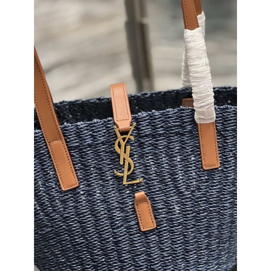 Replica Borsa media YSL Saint Laurent Panier in rafia blu navy
