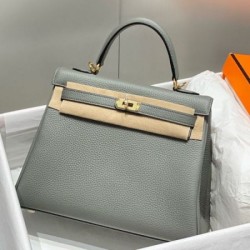 Falso superiore Borsa Sellier Kelly 25cm Hermes Epsom Grigio chiaro Imitazioni Outlet