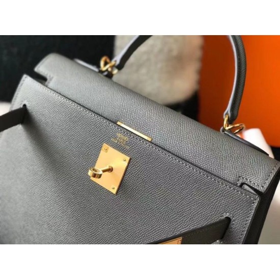Falso superiore Borsa Sellier Kelly 25 Hermes Epsom Grigio scuro Imitazioni Outlet
