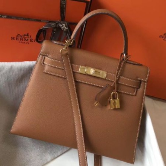 Falso superiore Borse Hermes Kelly 28cm Epsom Marrone GHW Imitazioni Outlet