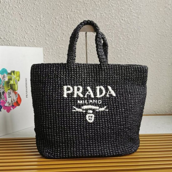 Migliore Repliche Prada Large Crochet Tote Bag Raffia-effect Yarn Nero Economiche Outlet Online
