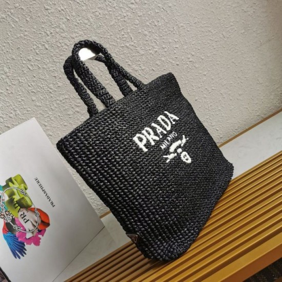 Migliore Repliche Prada Large Crochet Tote Bag Raffia-effect Yarn Nero Economiche Outlet Online