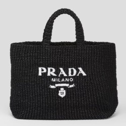 Migliore Repliche Prada Large Crochet Tote Bag Raffia-effect Yarn Nero Economiche Outlet Online
