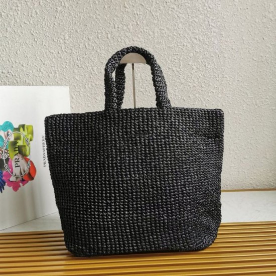Migliore Repliche Prada Large Crochet Tote Bag Raffia-effect Yarn Nero Economiche Outlet Online