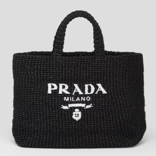 Migliore Repliche Prada Large Crochet Tote Bag Raffia-effect Yarn Nero Economiche Outlet Online