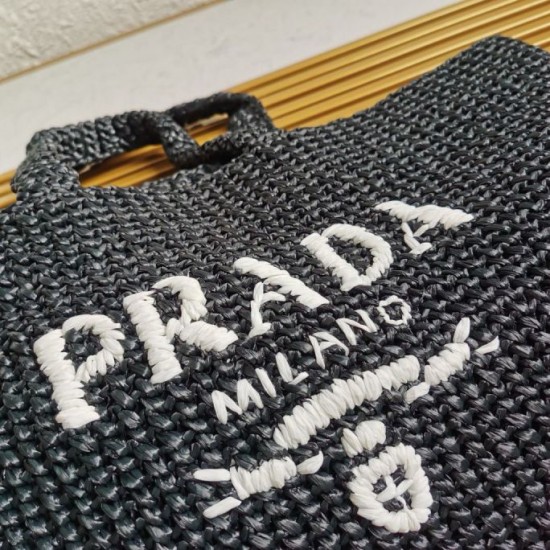 Migliore Repliche Prada Large Crochet Tote Bag Raffia-effect Yarn Nero Economiche Outlet Online
