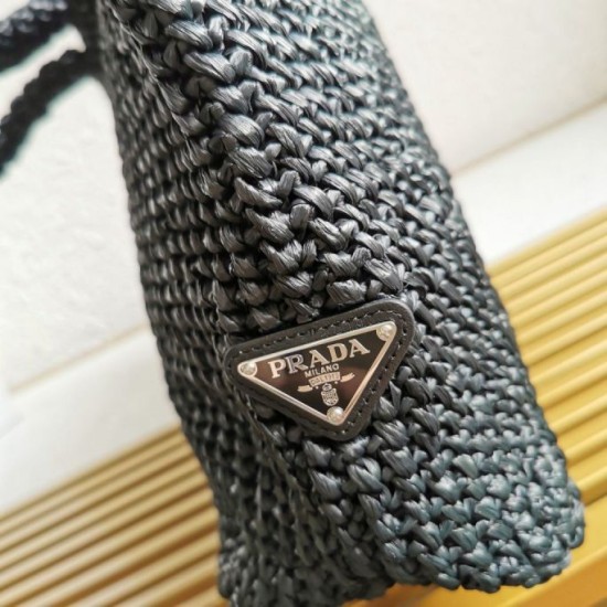 Migliore Repliche Prada Large Crochet Tote Bag Raffia-effect Yarn Nero Economiche Outlet Online