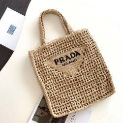 Migliore Repliche Prada Small Tote Bag Raffia Intrecciata Beige Economiche Outlet Online