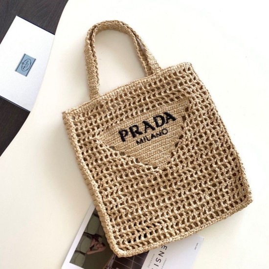 Migliore Repliche Prada Small Tote Bag Raffia Intrecciata Beige Economiche Outlet Online