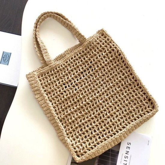Migliore Repliche Prada Small Tote Bag Raffia Intrecciata Beige Economiche Outlet Online