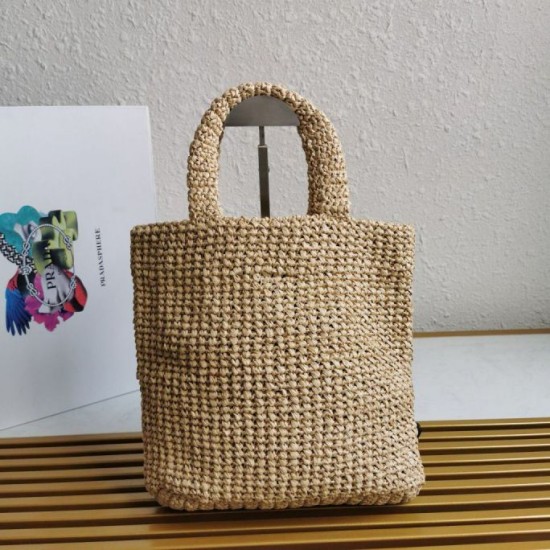 Miglior Falso Prada Small Crochet Tote Bag Raffia-effect Yarn Beige Economiche Premium