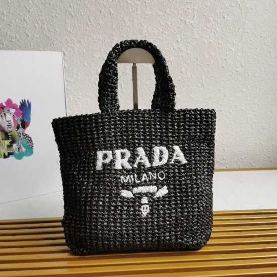 Perfette Qualità Repliche Borsa tote piccola Prada all'uncinetto in filato effetto rafia nero Imitazione