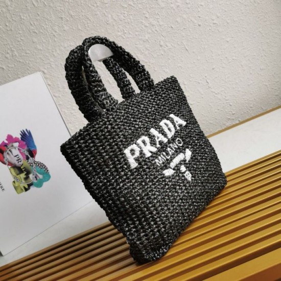 Perfette Qualità Repliche Borsa tote piccola Prada all'uncinetto in filato effetto rafia nero Imitazione