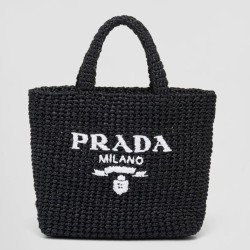 Perfette Qualità Repliche Borsa tote piccola Prada all'uncinetto in filato effetto rafia nero Imitazione
